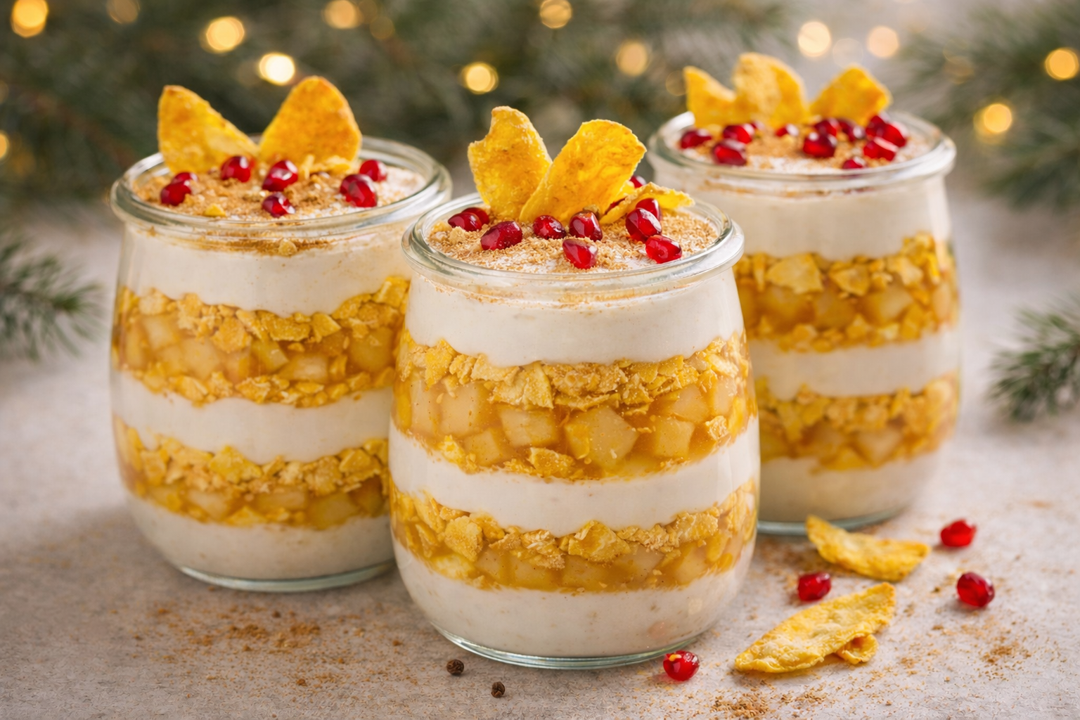 Veganes Weihnachtsdessert im Glas mit cremigen Vanilleschichten, gewürztem Apfel, knusprigen Mango-Chips und Granatapfelkernen, festlich angerichtet.