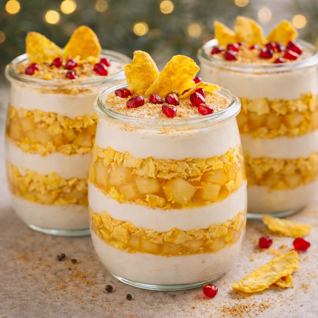 Veganes Weihnachtsdessert im Glas mit cremigen Vanilleschichten, gewürztem Apfel, knusprigen Mango-Chips und Granatapfelkernen, festlich angerichtet.