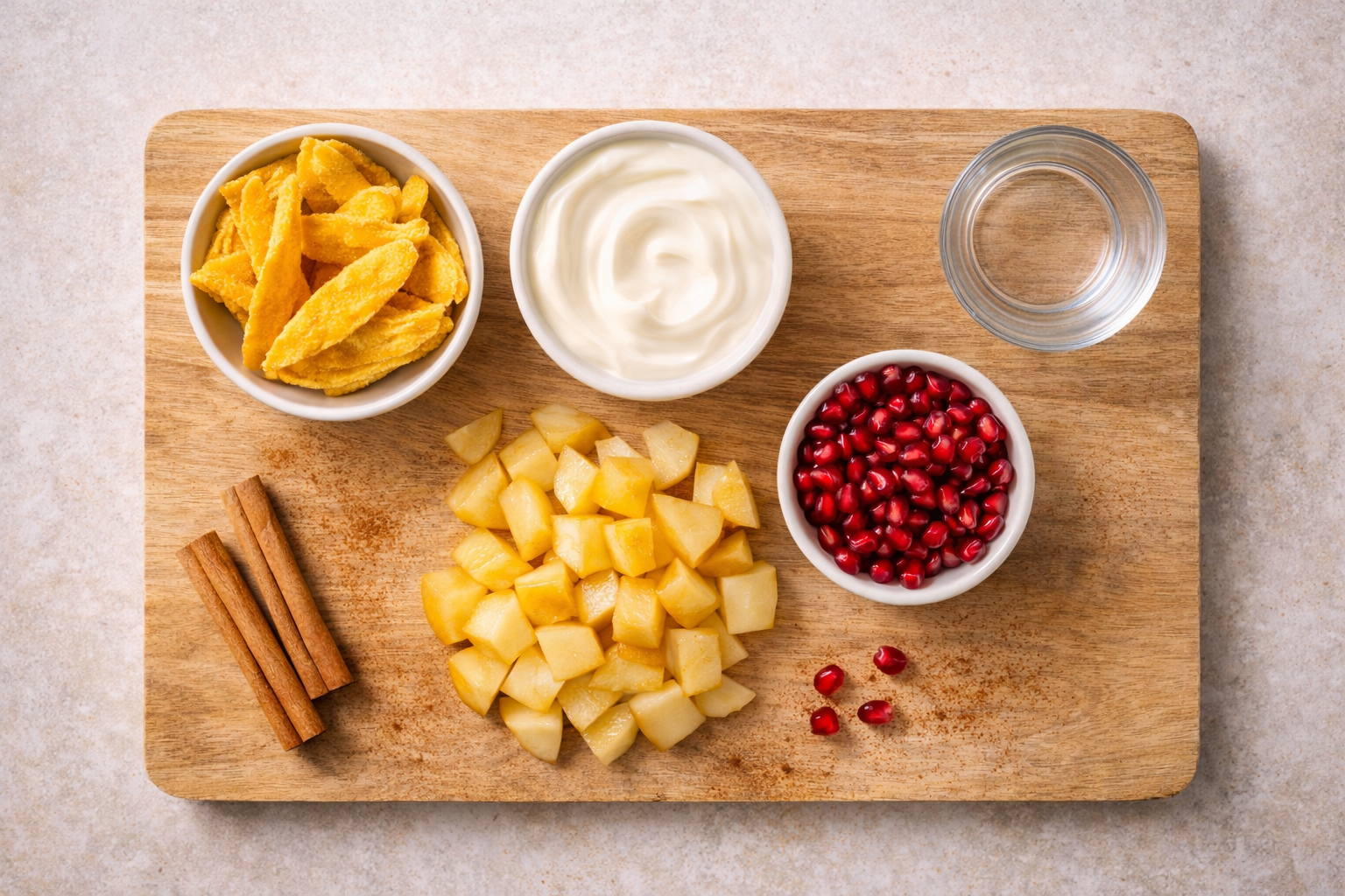 Zutaten für ein veganes Weihnachtsdessert im Glas mit Mango-Chips, Vanillejoghurt, gewürfeltem Apfel, Zimtstangen und Granatapfelkernen auf einem Holzbrett.