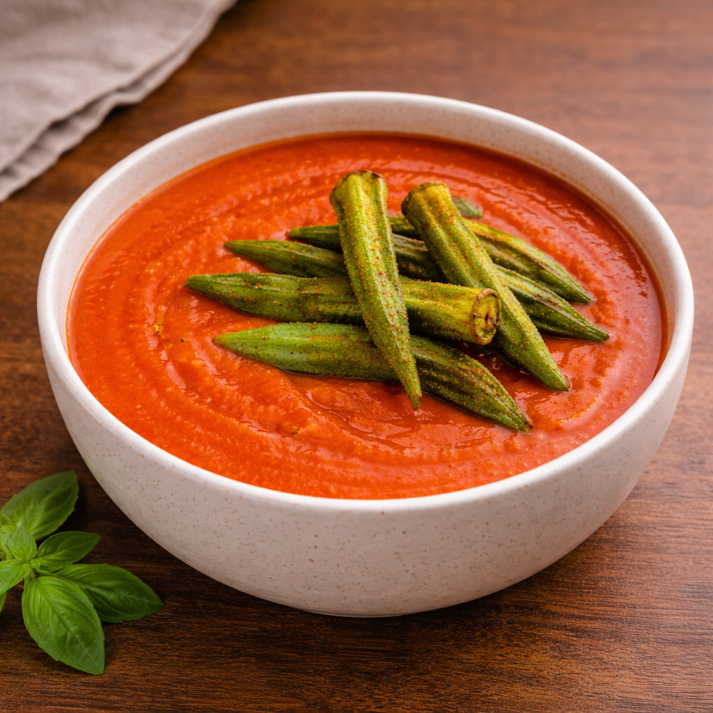 Cremige, gesunde vegane Tomatensuppe in einer weißen Schale, garniert mit knusprigen Masala Okra, pflanzlich, nährstoffreich und ohne Milchprodukte, serviert auf einem Holztisch.