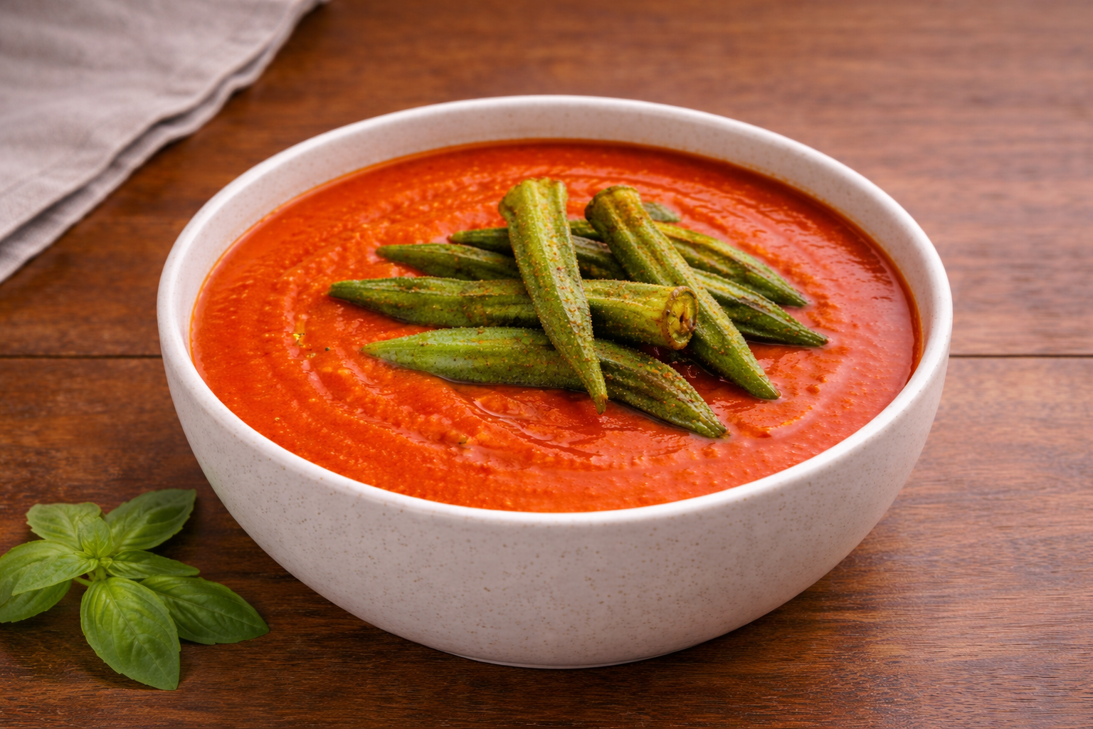 Cremige, gesunde vegane Tomatensuppe in einer weißen Schale, garniert mit knusprigen Masala Okra, pflanzlich, nährstoffreich und ohne Milchprodukte, serviert auf einem Holztisch.