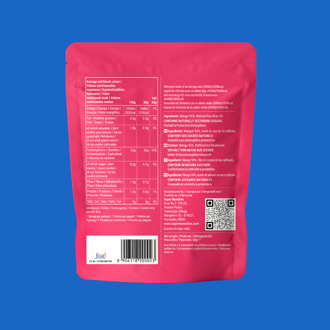 Rückseite der Super Munchies Mango Chips Packung mit Nährwertangaben, zeigt einen veganen und glutenfreien Snack aus echten Mangos ohne Püree oder Konzentrat.