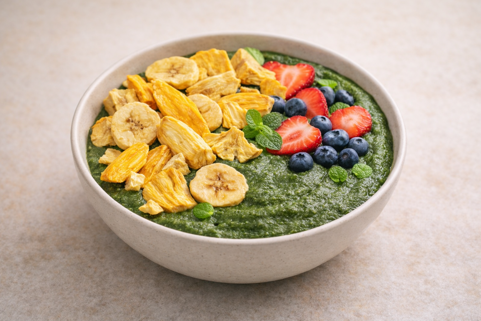 Grüne Smoothie Bowl mit frischen Beeren und knusprigem Frucht Topping aus echten Früchten