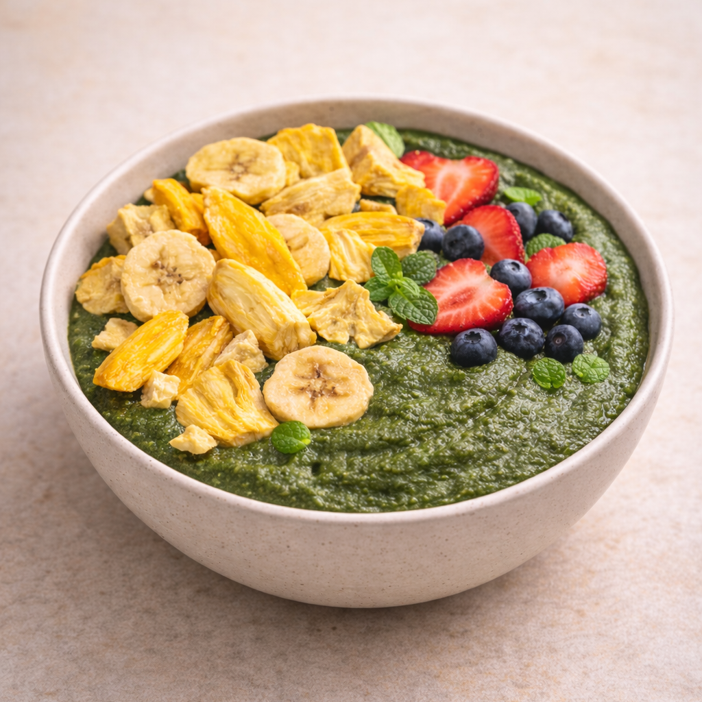 Grüne Smoothie Bowl mit frischen Beeren und knusprigem Frucht Topping aus echten Früchten