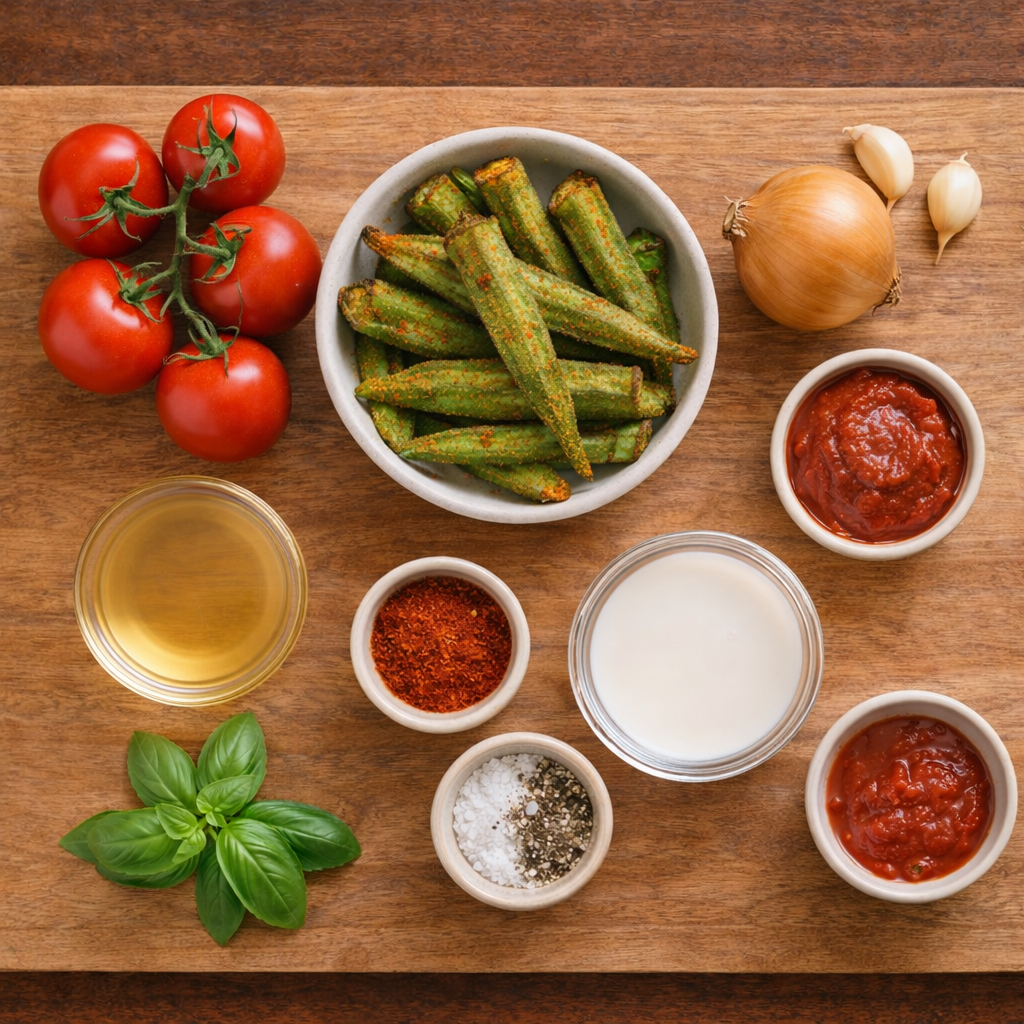 Frische Zutaten für eine gesunde vegane Tomatensuppe mit Masala Okra, darunter Tomaten, Okra, Zwiebel, Knoblauch, Gewürze, pflanzliche Sahne und Basilikum, natürlich, pflanzlich und nährstoffreich.