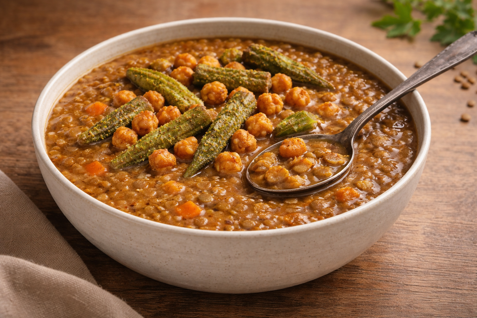 Herzhafte vegane Linsensuppe im deutschen Stil, serviert mit knusprigen Peri-Peri-Kichererbsen und Masala-Okra als proteinreiches, nussfreies Topping.