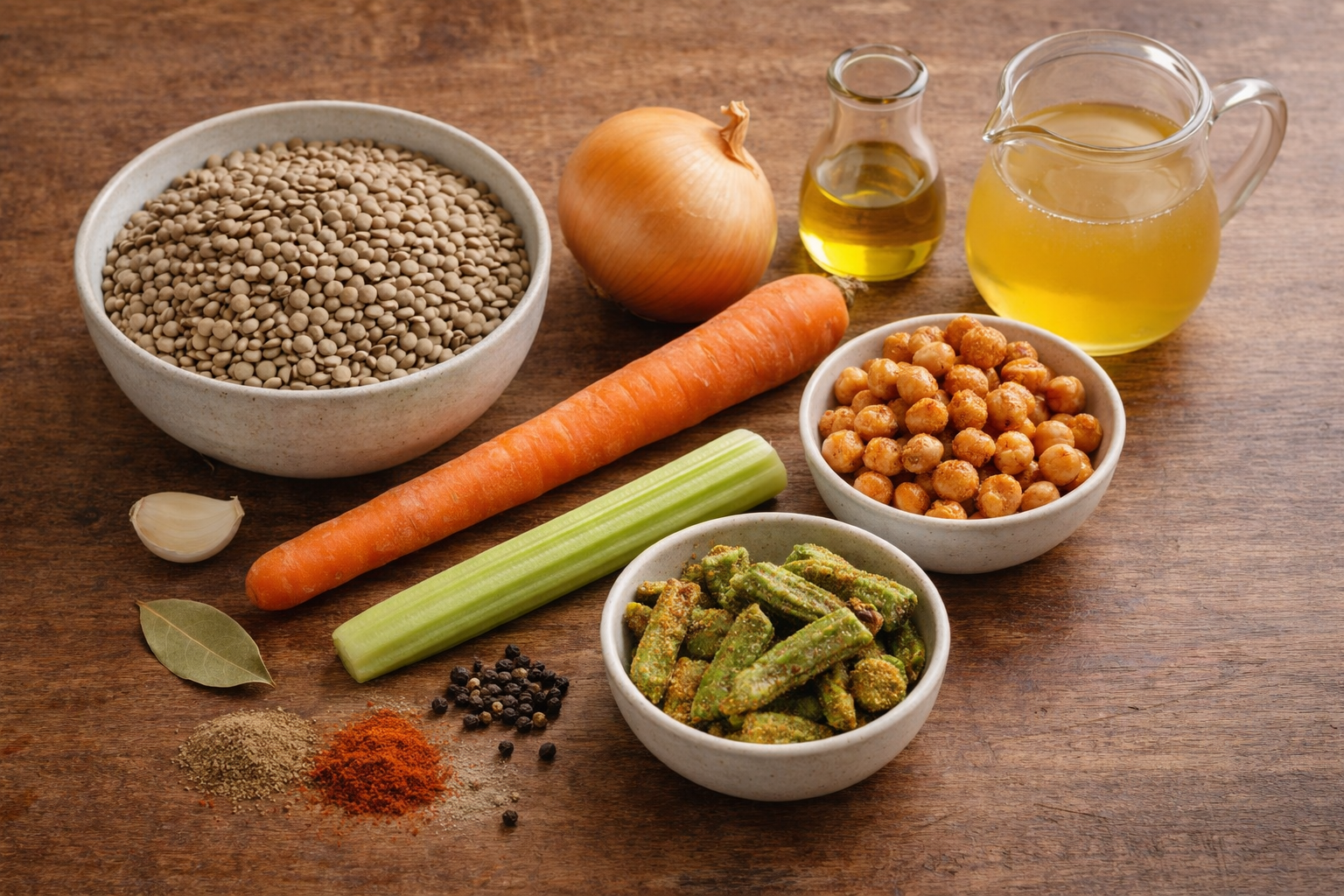 Zutaten für eine vegane deutsche Linsensuppe vor dem Kochen, mit getrockneten Linsen, Zwiebel, Karotte, Sellerie, Knoblauch, Gewürzen, Gemüsebrühe sowie Peri-Peri-Kichererbsen und Masala-Okra als knusprige Toppings.