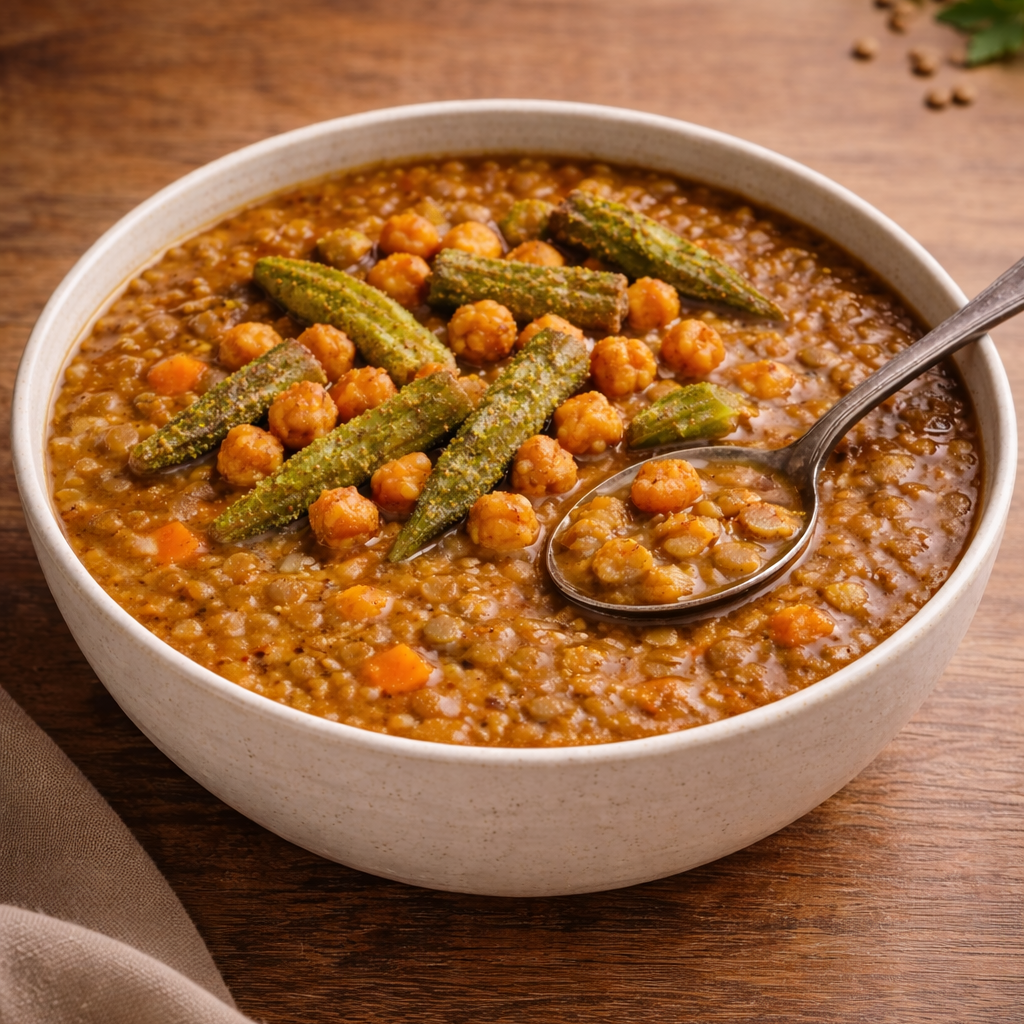 Herzhafte vegane Linsensuppe im deutschen Stil, serviert mit knusprigen Peri-Peri-Kichererbsen und Masala-Okra als proteinreiches, nussfreies Topping.