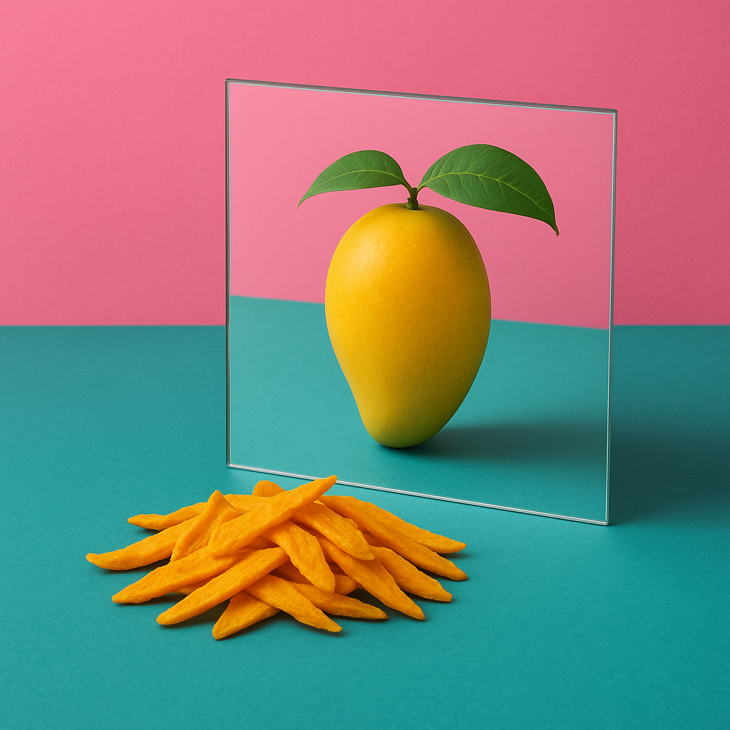 Illustration zeigt, wie Super Munchies Mango Chips aus echten Mangos hergestellt werden, vom ganzen Fruchtstück zu knusprigen Chips, ohne Fruchtpüree und ohne Konzentrat, als natürlicher und gesunder Snack.