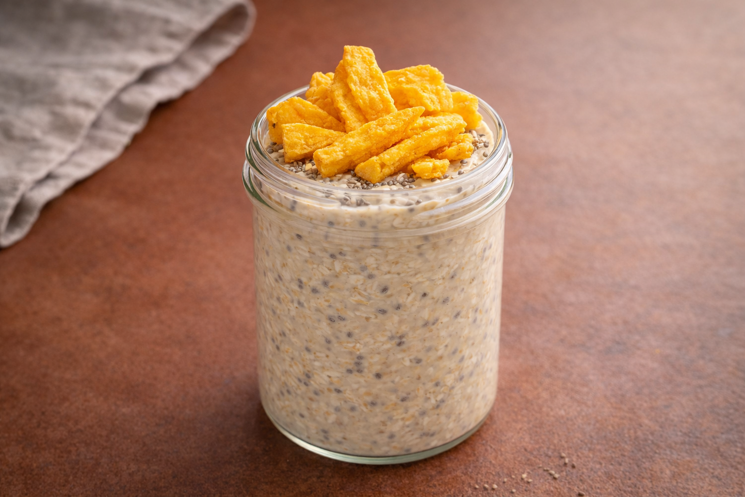 Proteinreiche vegane Overnight Oats im Glas, cremig angerührt und getoppt mit knusprigen Mango Chips, nussfrei, pflanzlich und ideal für ein gesundes Frühstück oder Meal Prep.