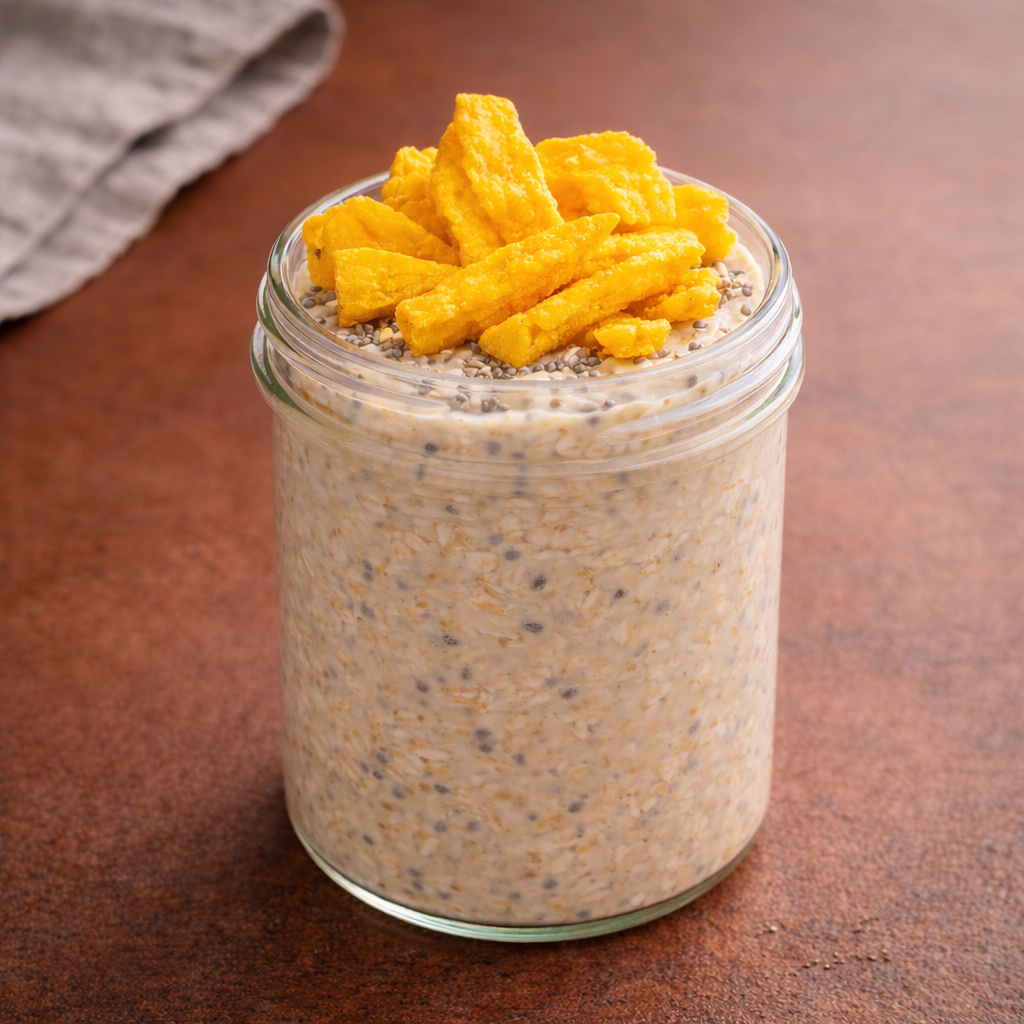 Proteinreiche vegane Overnight Oats im Glas, cremig angerührt und getoppt mit knusprigen Mango Chips, nussfrei, pflanzlich und ideal für ein gesundes Frühstück oder Meal Prep.