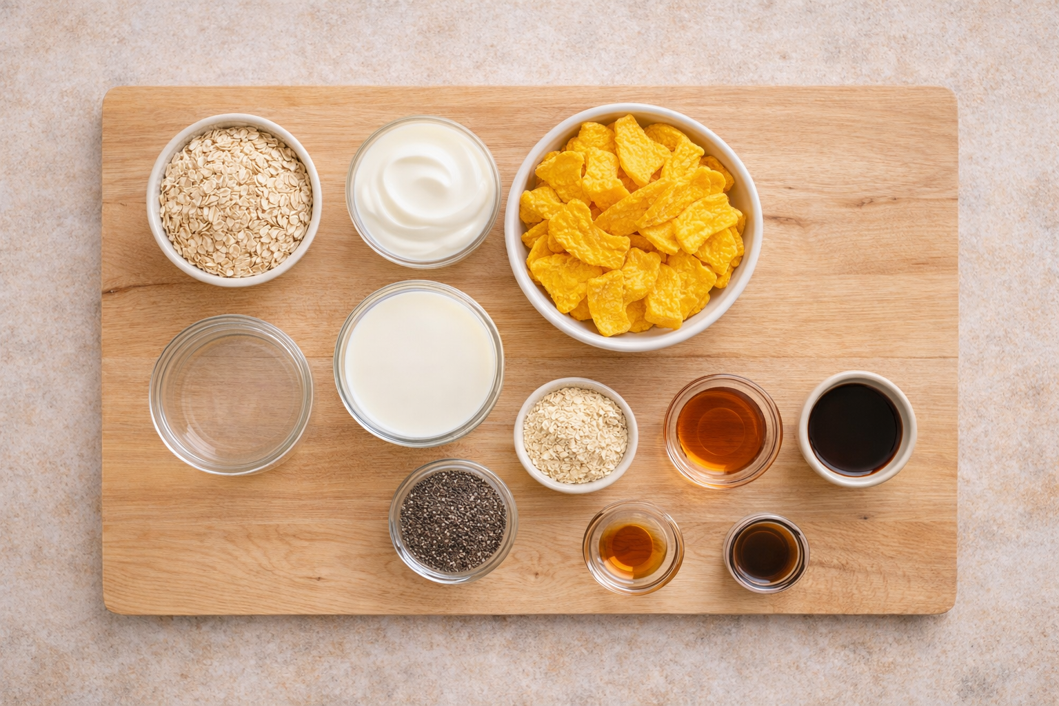 Zutaten für proteinreiche vegane Overnight Oats, darunter Haferflocken, Sojajoghurt, Sojadrink, Chiasamen, Ahornsirup, pflanzliches Proteinpulver und Mango Chips, natürlich, nussfrei und ohne Kochen.