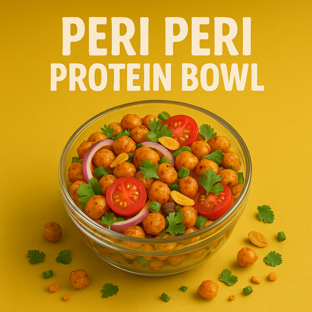 Peri Peri Kichererbsen Protein Bowl mit knusprigem Design, aus würzigen Kichererbsen und frischem Gemüse. Reich an pflanzlichem Protein, ballaststoffreich und sichtbar crunchy.