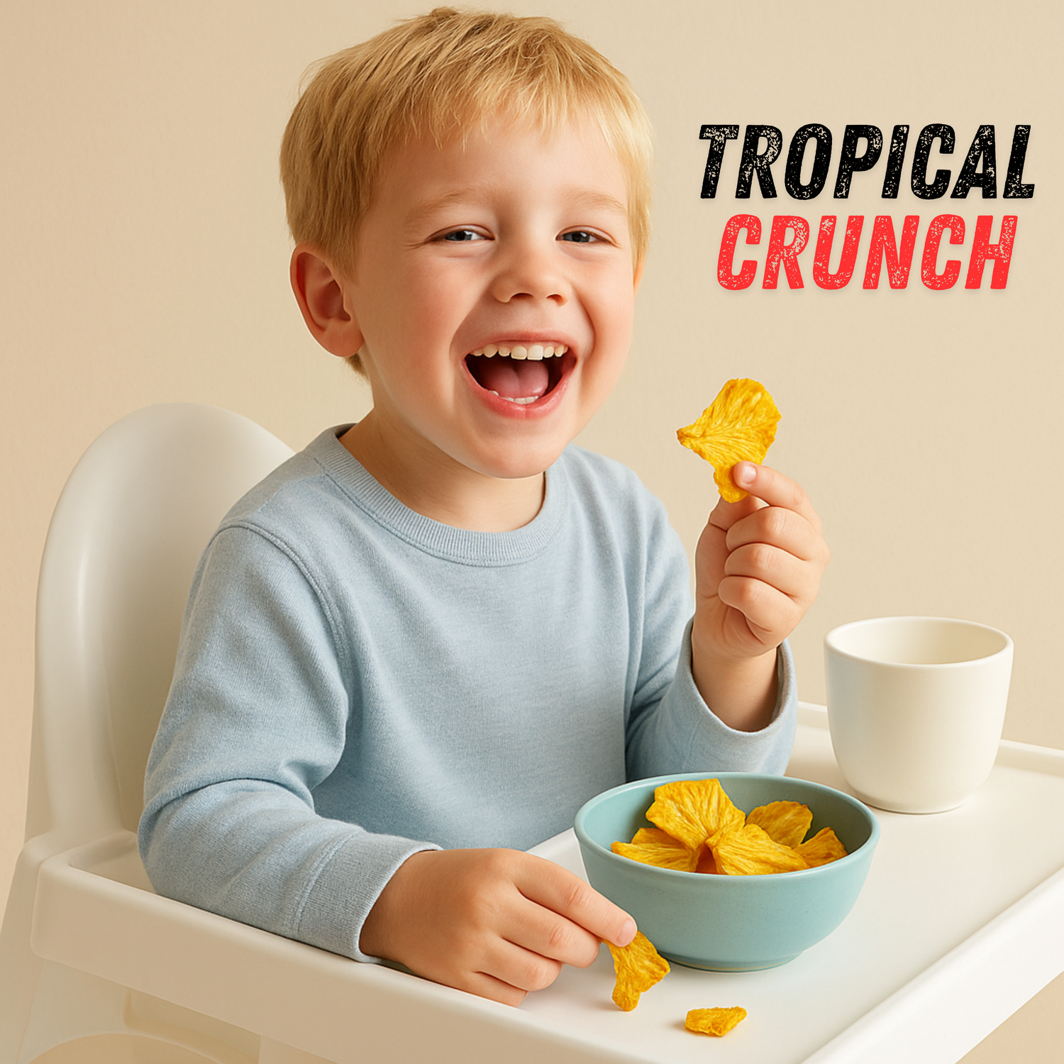 Kind genießt gesunde Ananas Chips am Tisch, zeigt einen knusprigen Snack aus echter Ananas ohne Zuckerzusatz, ideal als bewusster Snack für Kinder.