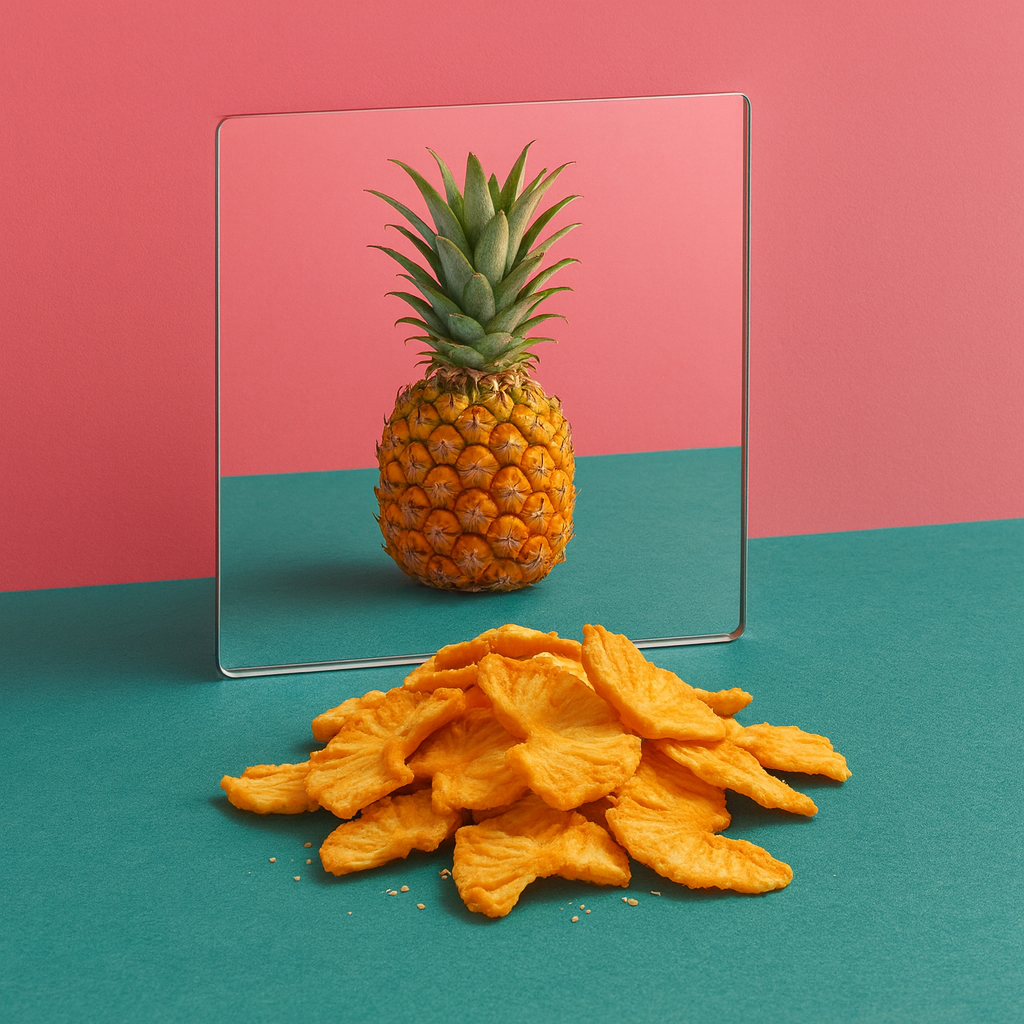 Illustration zeigt, wie Super Munchies Ananas Chips aus echten Ananas hergestellt werden, vom ganzen Fruchtstück zu knusprigen Chips, ohne Verwendung von Fruchtpüree.